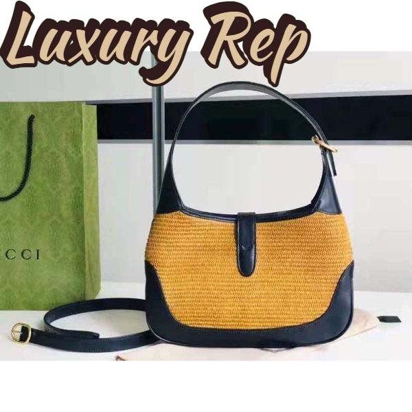Replica Gucci Women Gucci Camel Straw Effect Fabric with Blue Leather 4