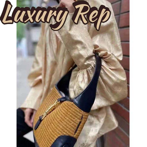 Replica Gucci Women Gucci Camel Straw Effect Fabric with Blue Leather 13