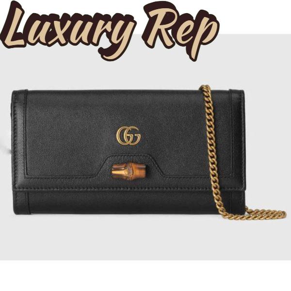 Replica Gucci Women Gucci Diana Chain Wallet with Bamboo Double G Black Leather