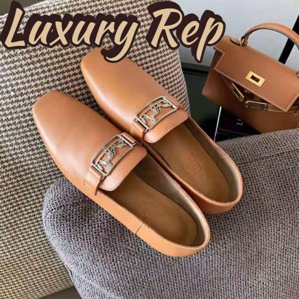 Replica Hermes Women Time Loafer Goatskin with Detailed Openwork Hardware-Brown 3