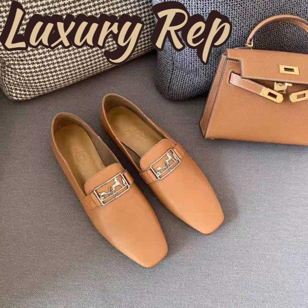 Replica Hermes Women Time Loafer Goatskin with Detailed Openwork Hardware-Brown 4