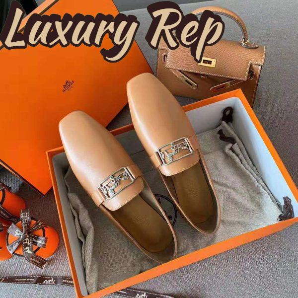 Replica Hermes Women Time Loafer Goatskin with Detailed Openwork Hardware-Brown 6