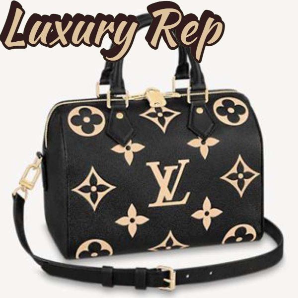 Replica Louis Vuitton LV Women Speedy Bandoulière 25 Handbag Black Beige Embossed Grained Cowhide