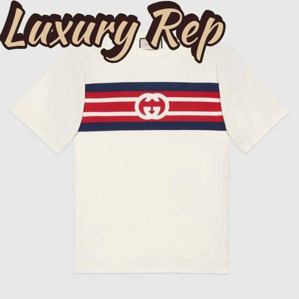 Replica Gucci Men Interlocking G Stripe Print T-Shirt Cotton Jersey Crewneck Oversize Fit-White