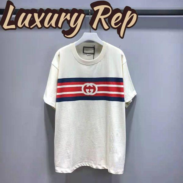 Replica Gucci Men Interlocking G Stripe Print T-Shirt Cotton Jersey Crewneck Oversize Fit-White 3