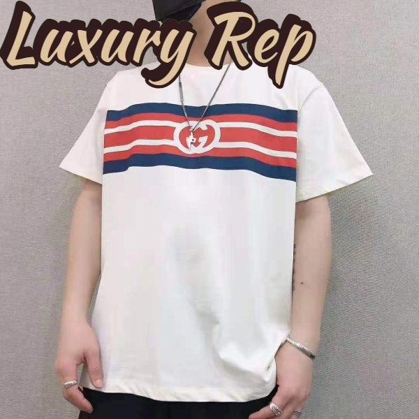 Replica Gucci Men Interlocking G Stripe Print T-Shirt Cotton Jersey Crewneck Oversize Fit-White 12