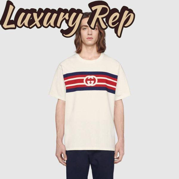 Replica Gucci Men Interlocking G Stripe Print T-Shirt Cotton Jersey Crewneck Oversize Fit-White 14
