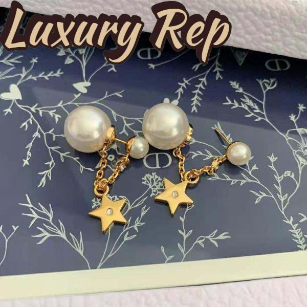 Replica Dior Women Tribales Earrings Gold-Finish Metal with White Resin Pearls and White Crystals 4