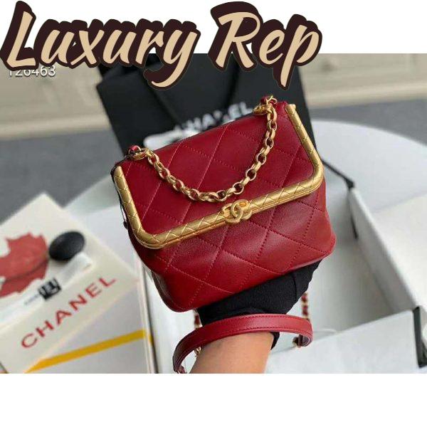 Replica Chanel Women Kiss-Lock Bag Lambskin & Gold-Tone Metal-Red 4