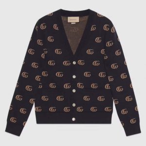 Replica Gucci Men GG Knit Cashmere Jacquard Cardigan Blue Beige Long Sleeves V-Neck 2