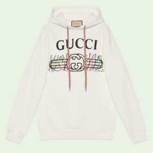 Replica Gucci Men GG Logo Bunny Print Hooded Cotton Sweatshirt Off White Cotton Jersey