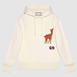 Replica Gucci Men Hooded Sweatshirt with Deer Patch in 100% Cotton-White 2