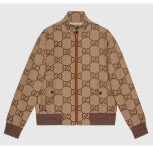 Replica Gucci Men Jumbo GG Canvas Jacket Beige Ebony Jumbo Cotton Wool Leather