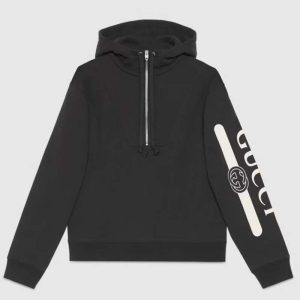 Replica Gucci Men Logo Print Hooded Sweatshirt Black Heavy Felted Organic Cotton Jersey