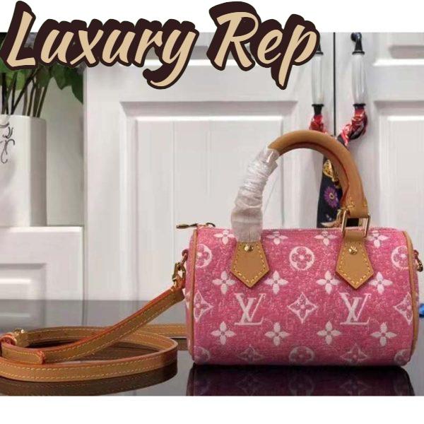 Replica Louis Vuitton LV Women Nano Speedy Monogram Jacquard Denim Pink Cowhide Leather 3