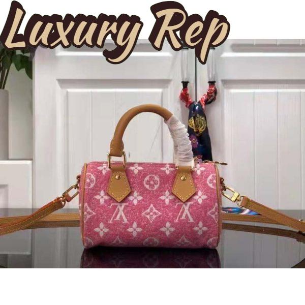 Replica Louis Vuitton LV Women Nano Speedy Monogram Jacquard Denim Pink Cowhide Leather 4