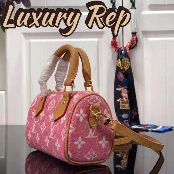 Replica Louis Vuitton LV Women Nano Speedy Monogram Jacquard Denim Pink Cowhide Leather 5