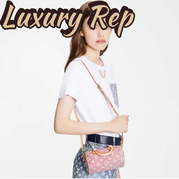 Replica Louis Vuitton LV Women Nano Speedy Monogram Jacquard Denim Pink Cowhide Leather 12