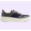 Replica Gucci Unisex Lace-Up Sneaker Grey Leather Blue Black GG Canvas Mid 5.6 Cm Heel