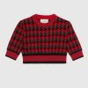 Replica Gucci Women Houndstooth Wool Cropped Sweater Crew Neck Cropped Shape Red and Black