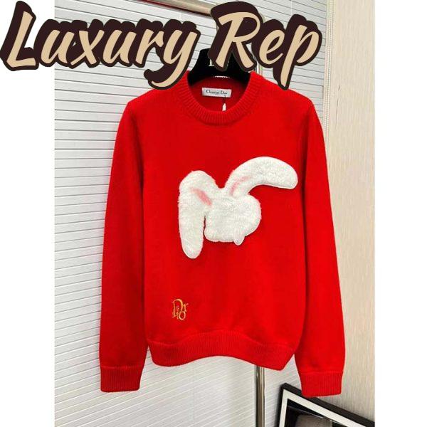 Replica Dior Men CD By Erl Sweater Rabbit Patch Red Cotton-Blend Jersey Round Neck 3