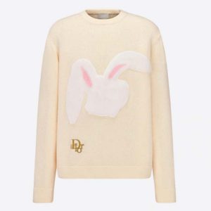 Replica Dior Women CD By Erl Sweater Rabbit Patch Beige Cotton-Blend Jersey Round Neck