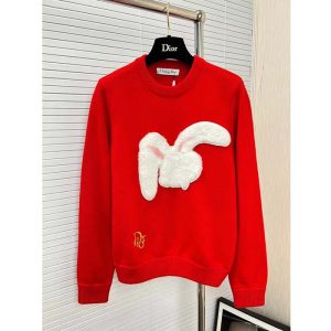 Replica Dior Women CD By Erl Sweater Rabbit Patch Red Cotton-Blend Jersey Round Neck 2