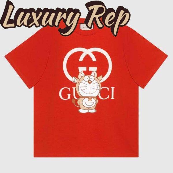 Replica Gucci Men Doraemon x Gucci Oversize T-Shirt Crewneck Red Cotton Jersey