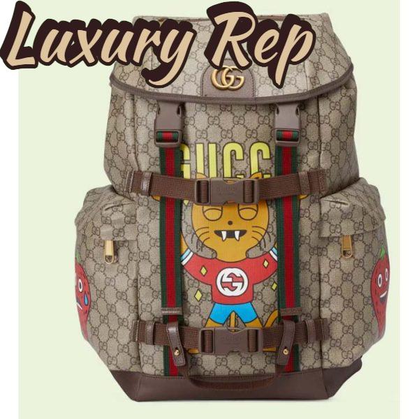 Replica Gucci Unisex Cat Print Skateboard Backpack Beige Ebony GG Supreme Canvas