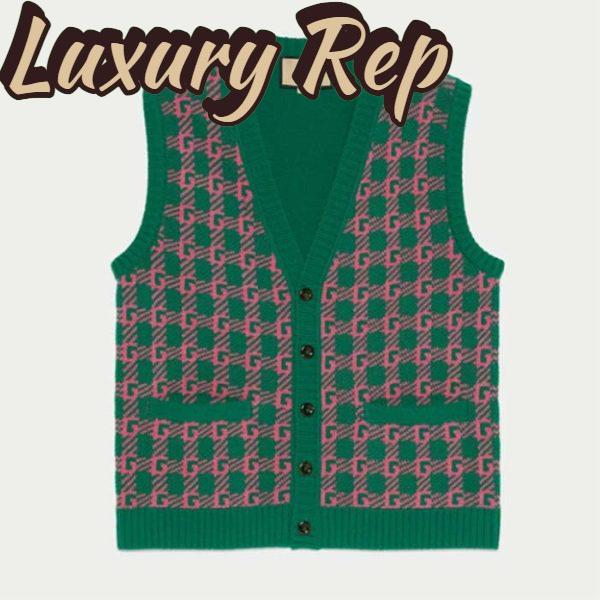 Replica Gucci Men GG HA HA HA Square G Vest Green Pink Wool Jacquard V-Neck Sleeveless 2