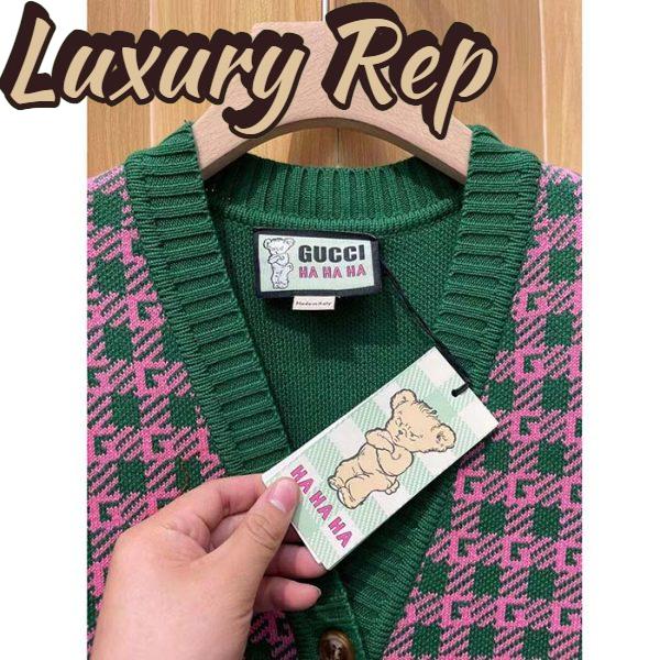 Replica Gucci Men GG HA HA HA Square G Vest Green Pink Wool Jacquard V-Neck Sleeveless 8