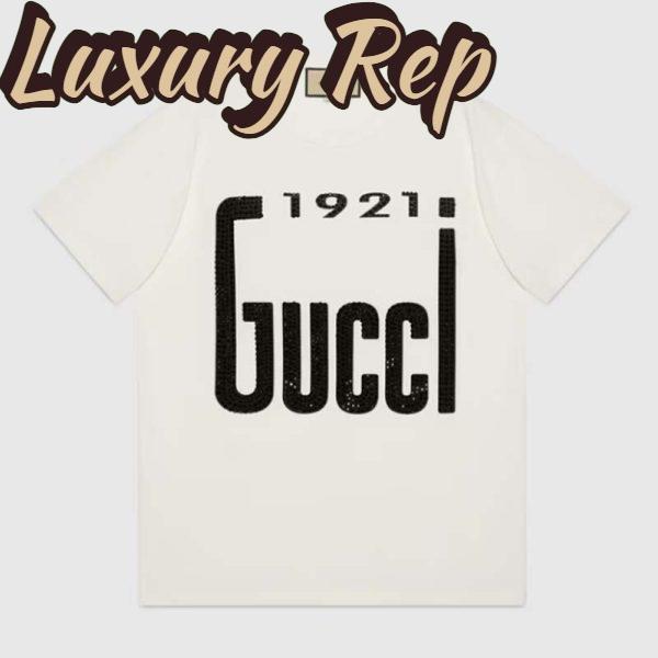 Replica Gucci GG Women Crystal 1921 Gucci Cotton T-Shirt Crewneck Oversize Fit