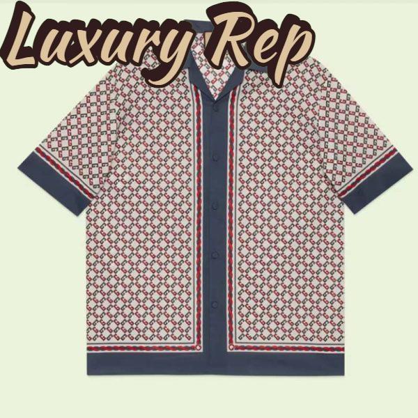 Replica Gucci GG Women Geometric G Print Muslin Bowling Shirt Notch Collar Short Sleeves