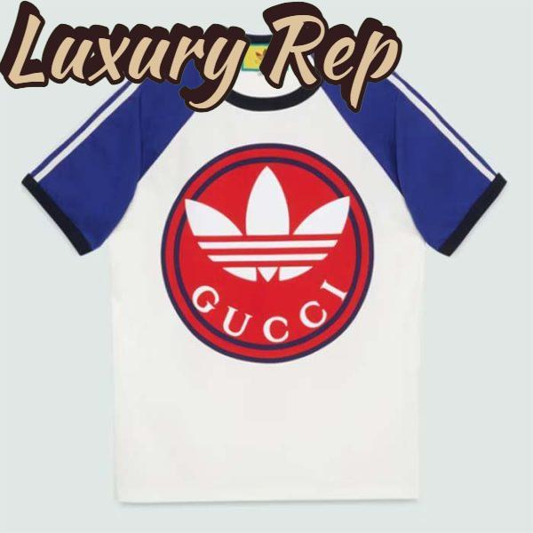 Replica Gucci Men GG Adidas x Gucci Cotton Jersey T-Shirt Ivory Blue Trefoil Print Raglan Sleeves Crewneck