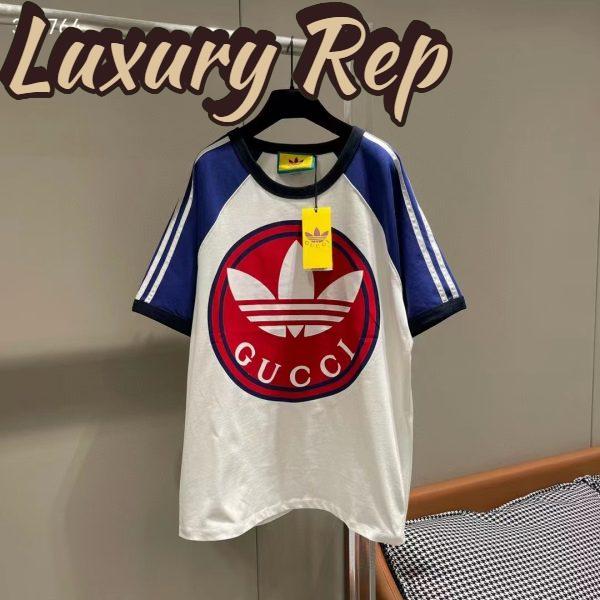 Replica Gucci Men GG Adidas x Gucci Cotton Jersey T-Shirt Ivory Blue Trefoil Print Raglan Sleeves Crewneck 3