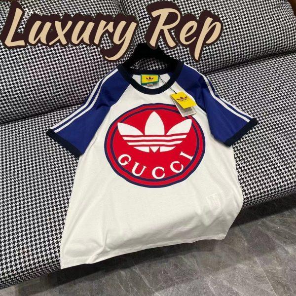 Replica Gucci Men GG Adidas x Gucci Cotton Jersey T-Shirt Ivory Blue Trefoil Print Raglan Sleeves Crewneck 4