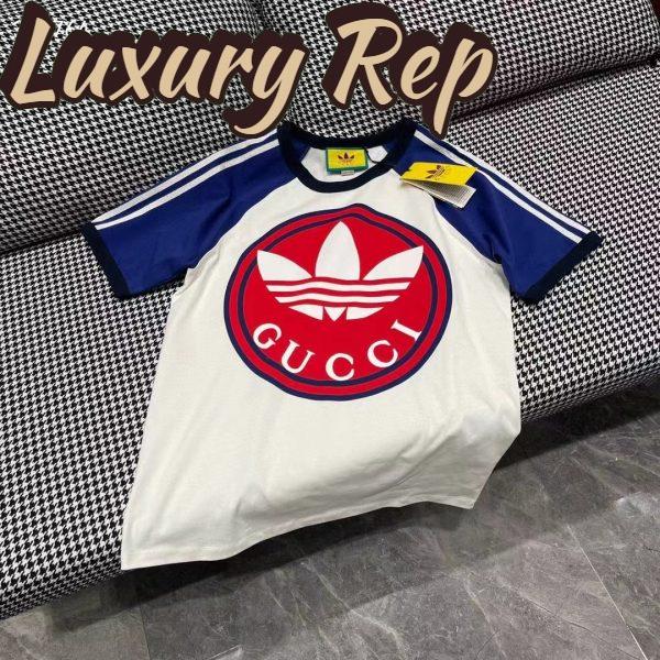 Replica Gucci Men GG Adidas x Gucci Cotton Jersey T-Shirt Ivory Blue Trefoil Print Raglan Sleeves Crewneck 5