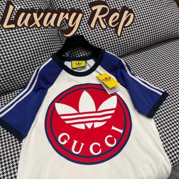 Replica Gucci Men GG Adidas x Gucci Cotton Jersey T-Shirt Ivory Blue Trefoil Print Raglan Sleeves Crewneck 7