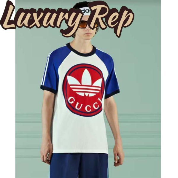 Replica Gucci Men GG Adidas x Gucci Cotton Jersey T-Shirt Ivory Blue Trefoil Print Raglan Sleeves Crewneck 12