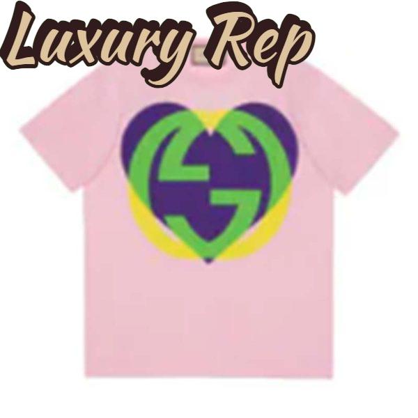 Replica Gucci Men GG Interlocking G Heart T-Shirt Pink Cotton Jersey Crewneck Oversize Fit