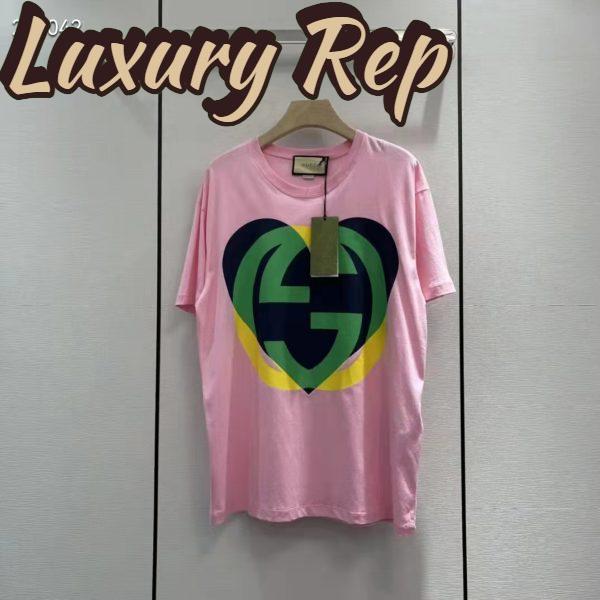 Replica Gucci Men GG Interlocking G Heart T-Shirt Pink Cotton Jersey Crewneck Oversize Fit 3
