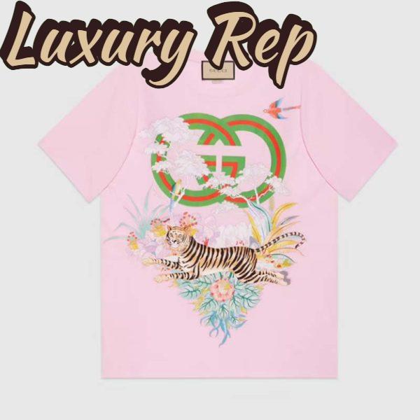 Replica Gucci Men GG Tiger Interlocking G T-Shirt Pink Cotton Jersey Flower Crewneck Oversize Fit