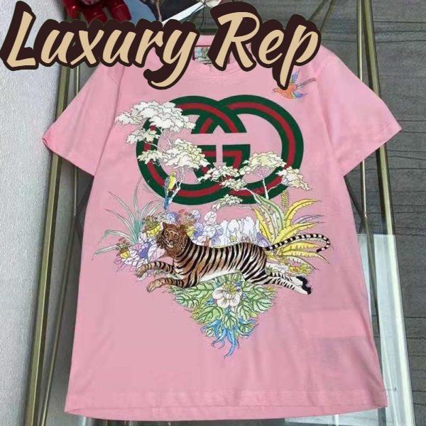 Replica Gucci Men GG Tiger Interlocking G T-Shirt Pink Cotton Jersey Flower Crewneck Oversize Fit 3