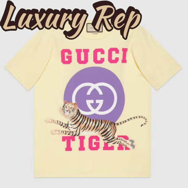 Replica Gucci Men GG Tiger Interlocking G T-Shirt Yellow Cotton Jersey Flower Crewneck Oversize Fit 2