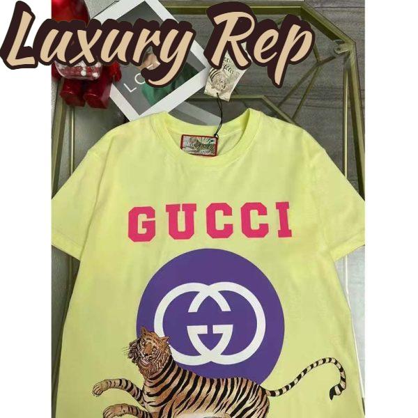 Replica Gucci Men GG Tiger Interlocking G T-Shirt Yellow Cotton Jersey Flower Crewneck Oversize Fit 4