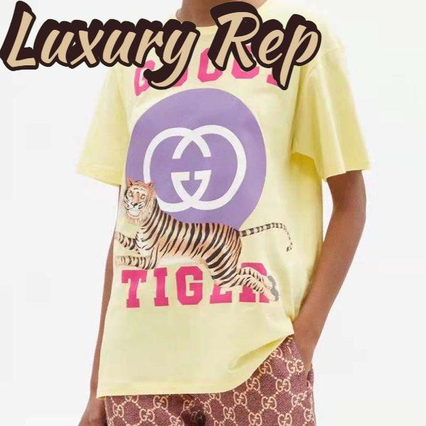 Replica Gucci Men GG Tiger Interlocking G T-Shirt Yellow Cotton Jersey Flower Crewneck Oversize Fit 12