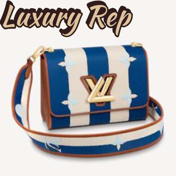 Replica Louis Vuitton LV Women Twist MM Handbag Blue Embroidered Canvas Calf Leather