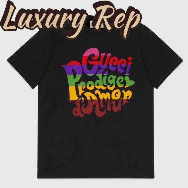 Replica Gucci Men Gucci Prodige D’Amour Print T-Shirt Cotton Crewneck Oversize Fit-Black