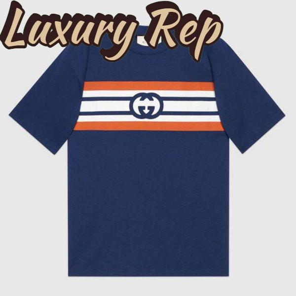 Replica Gucci Men Interlocking G Stripe Print T-Shirt Cotton Jersey Crewneck Oversize Fit-Navy