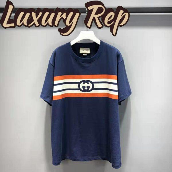 Replica Gucci Men Interlocking G Stripe Print T-Shirt Cotton Jersey Crewneck Oversize Fit-Navy 3